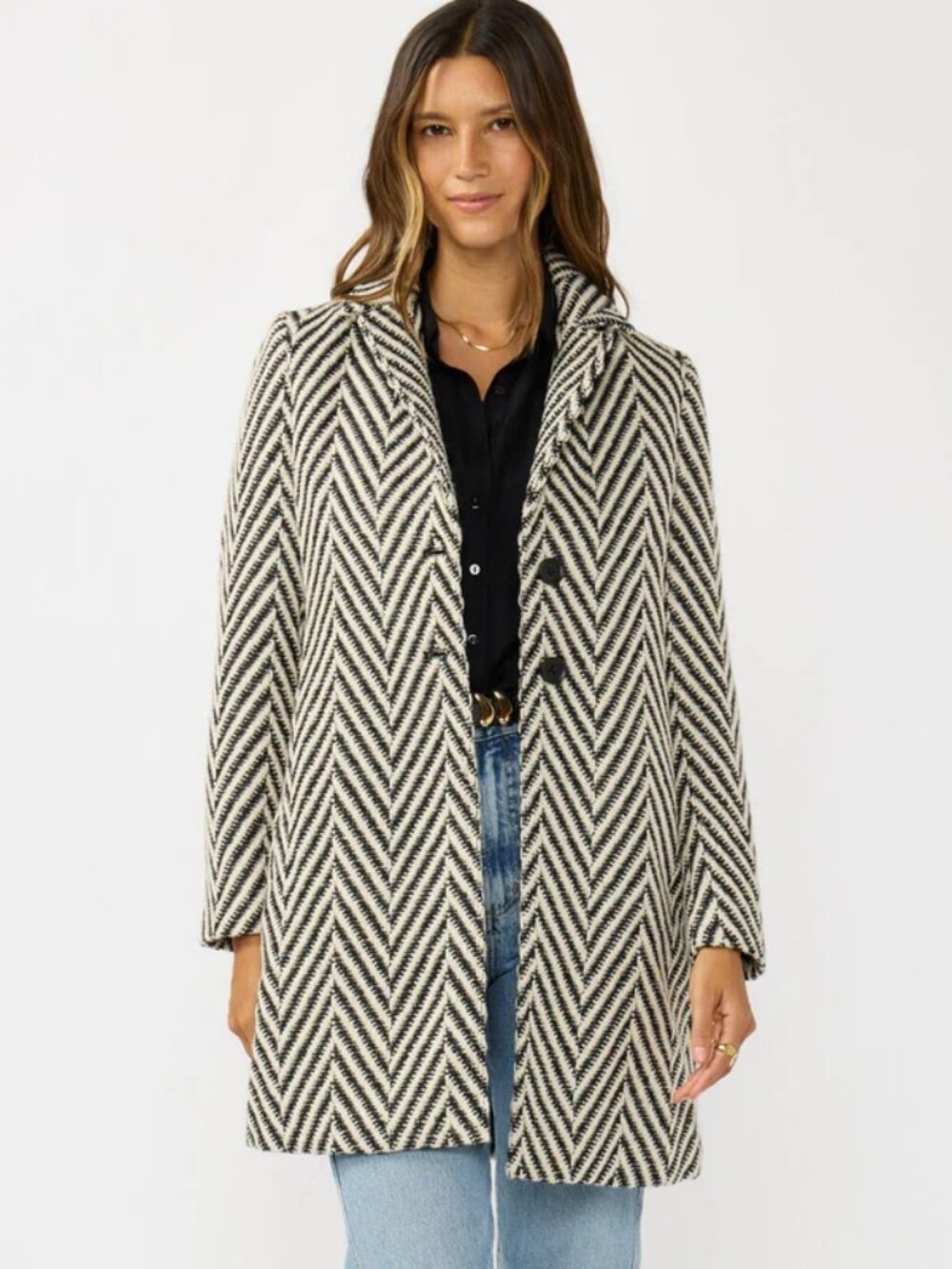 LOVESTITCH | Blair Chevron Mid Length Coat in cream and black NWT, size S